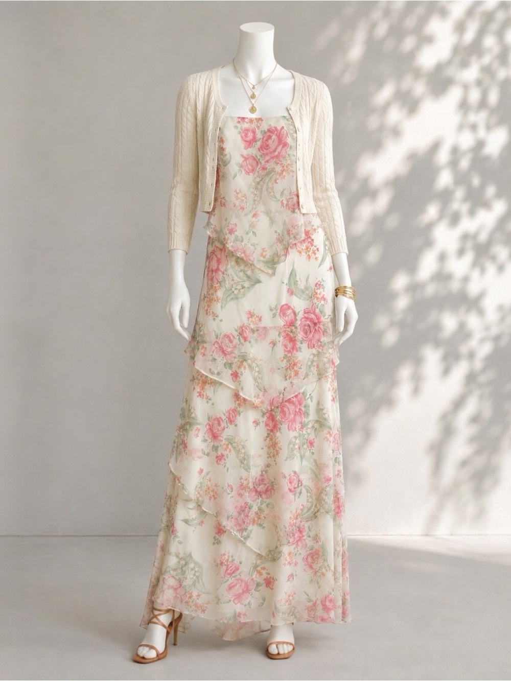 Vintage 70s Floral Maxi Dress Ivory Pink Tiered onRuffle Cottagecore Prairie Gow
